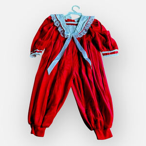 vintage Girls FANCY PANTS Sz 2T Red White One Piece Outfit Velour Lace USA